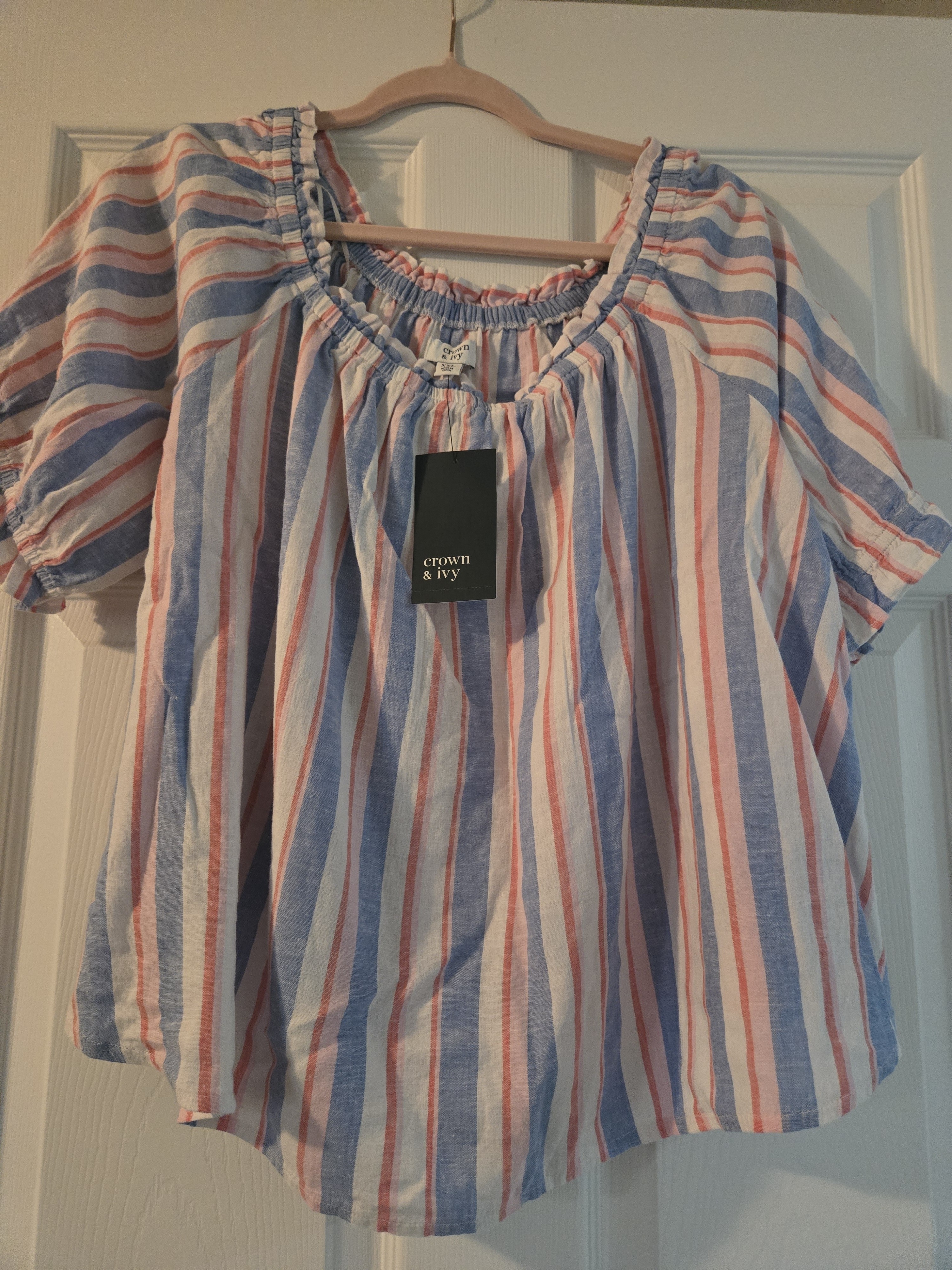 Crown & Ivy Blue, Red, And Pink Striped Peasant Blouse